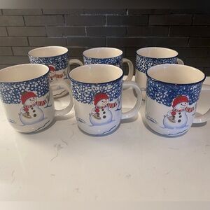 Thomson Pottery Snowman Winter Scene Coffee Cups 8 oz. lot of 6 ⛄️❄️